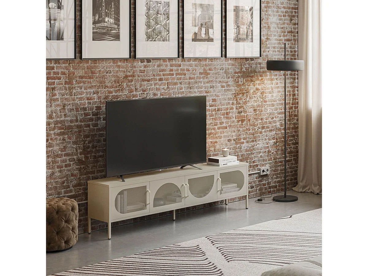 LIOVIA - Meuble TV 180 cm 4 Portes Ajourées en Métal Crème