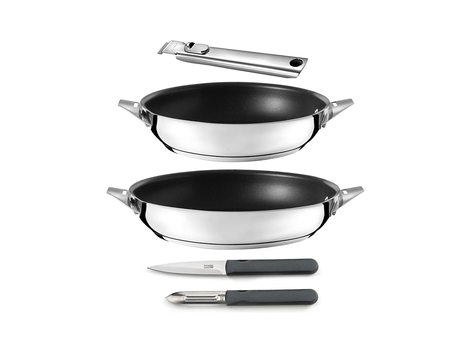 Eclipse - Set 2 poêles 24/28cm revêtement céramique, 1 poignée amovible inox, 1 éplucheur et 1 couteau office