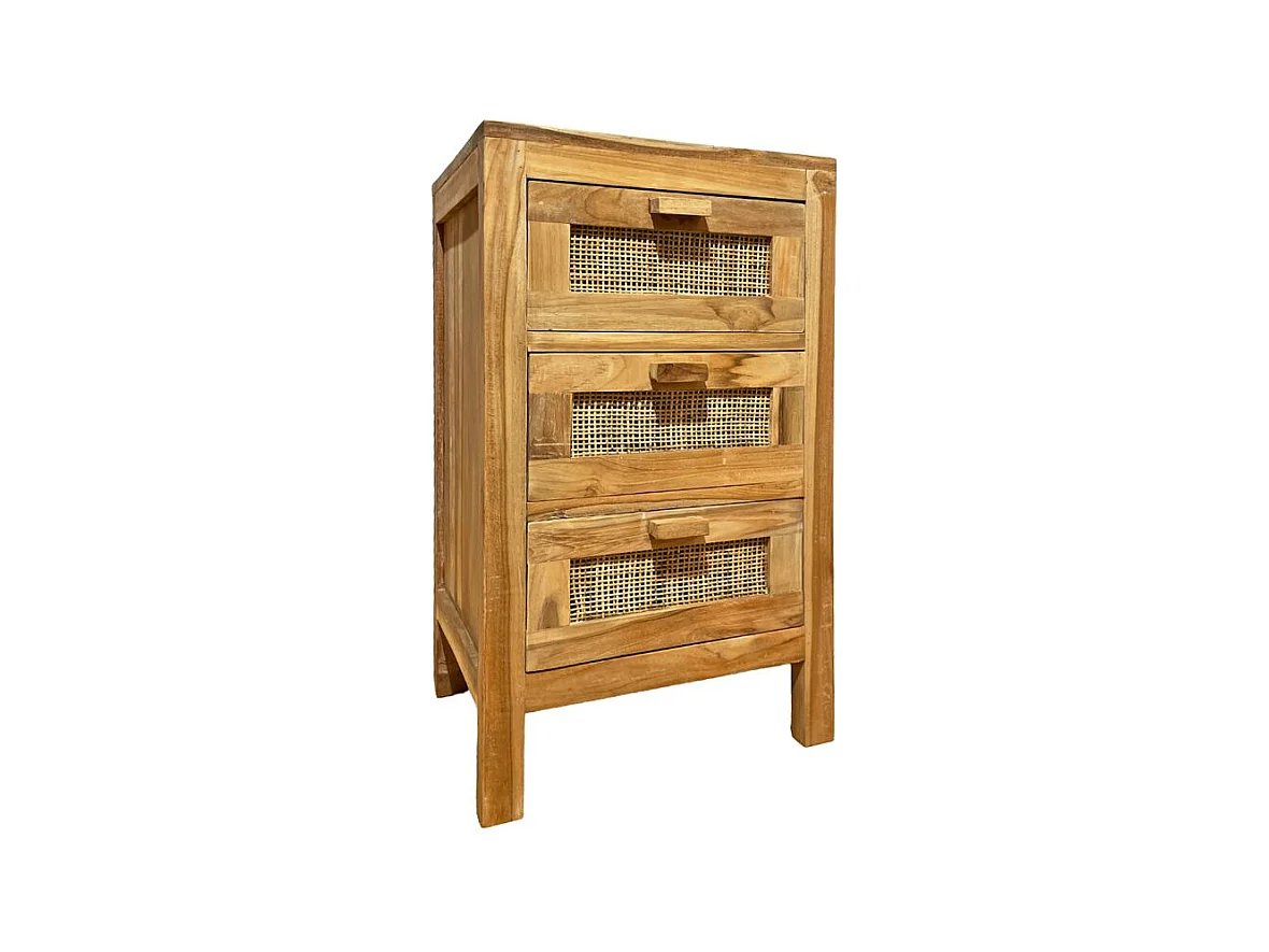 Table de chevet 3 tiroirs en teck massif et cannage rotin – CAMILO