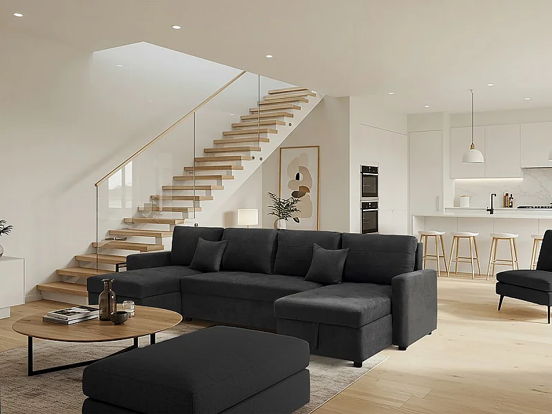 Canapé panoramique convertible avec coffres de rangement "Antoine" - 5 places - Gris foncé