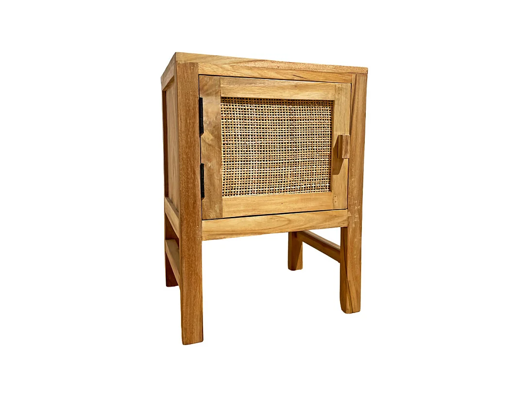 Table de chevet 1 porte en teck massif et cannage rotin – CAMILO