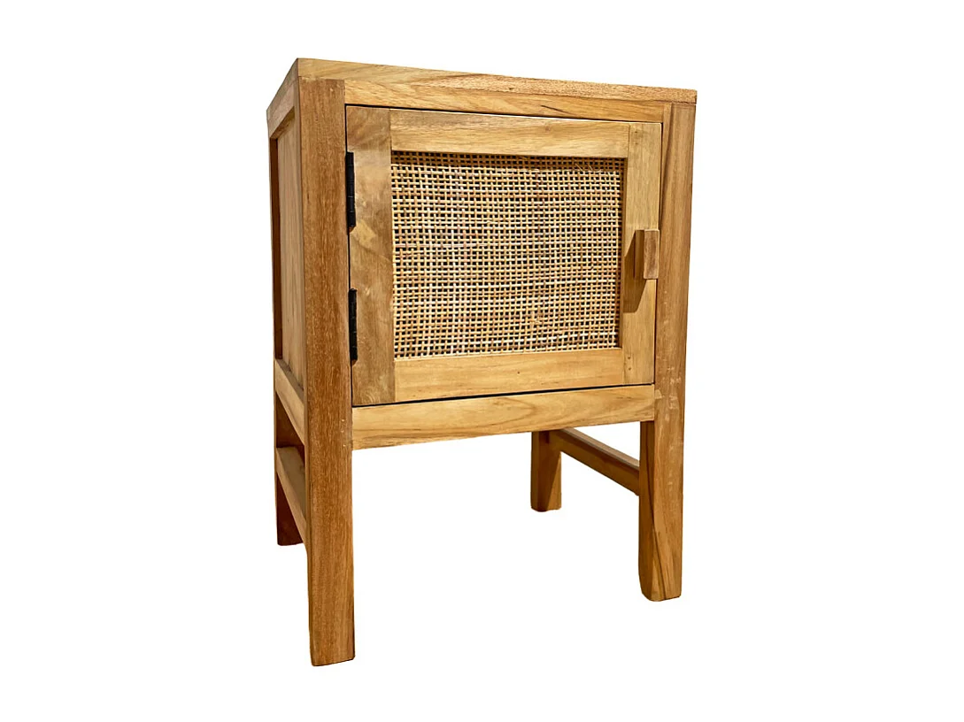 Table de chevet 1 porte en teck massif et cannage rotin – CAMILO