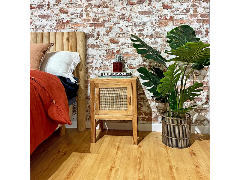 Table de chevet 1 porte en teck massif et cannage rotin – CAMILO