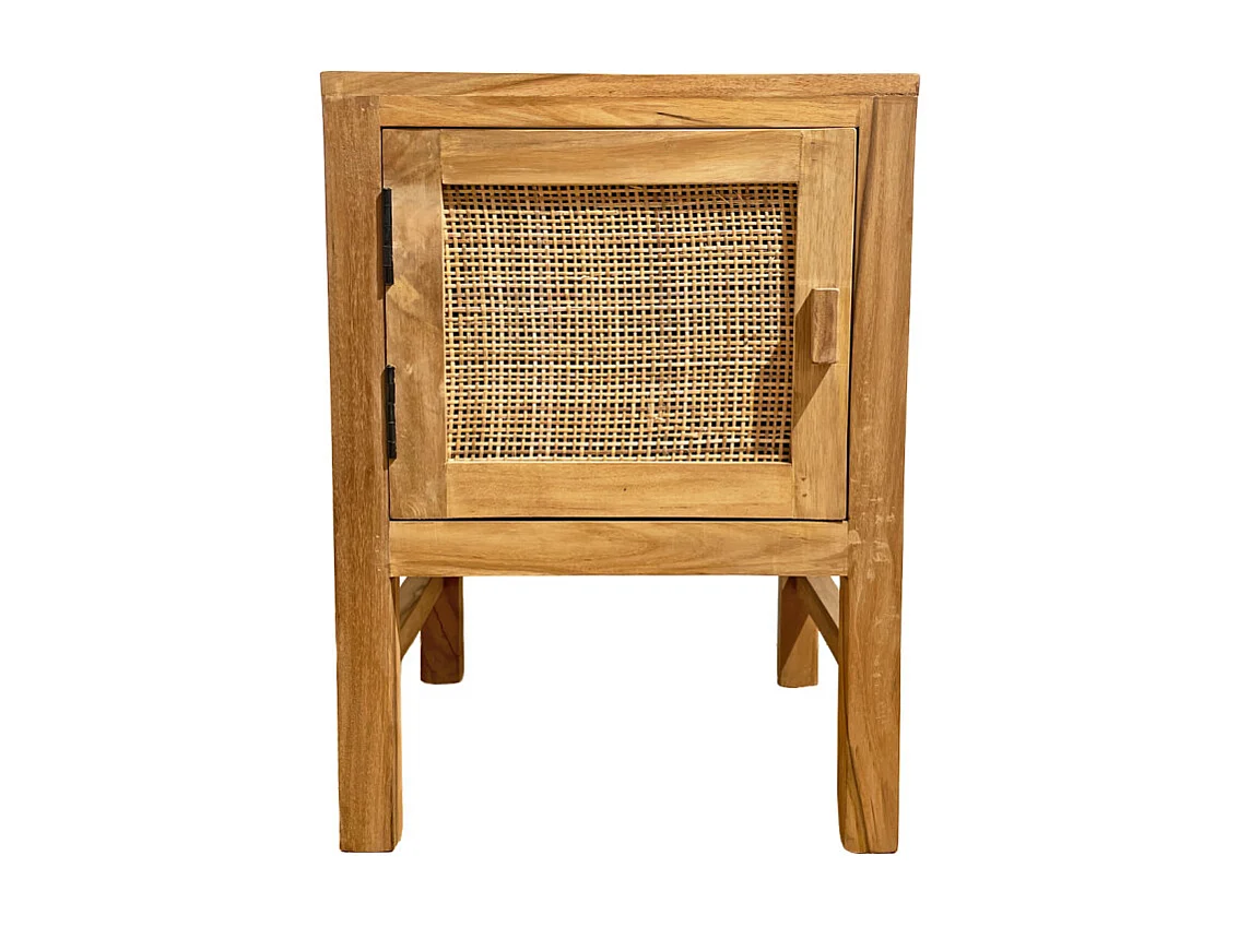 Table de chevet 1 porte en teck massif et cannage rotin – CAMILO