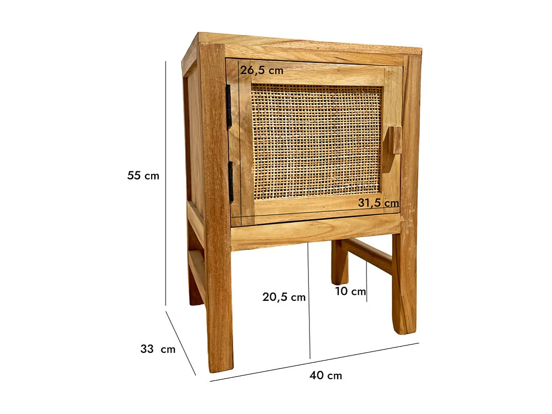 Table de chevet 1 porte en teck massif et cannage rotin – CAMILO