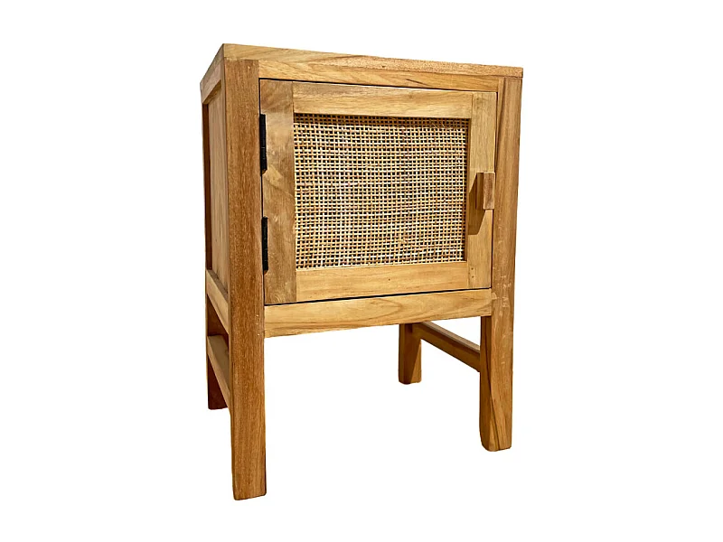 Table de chevet 1 porte en teck massif et cannage rotin – CAMILO