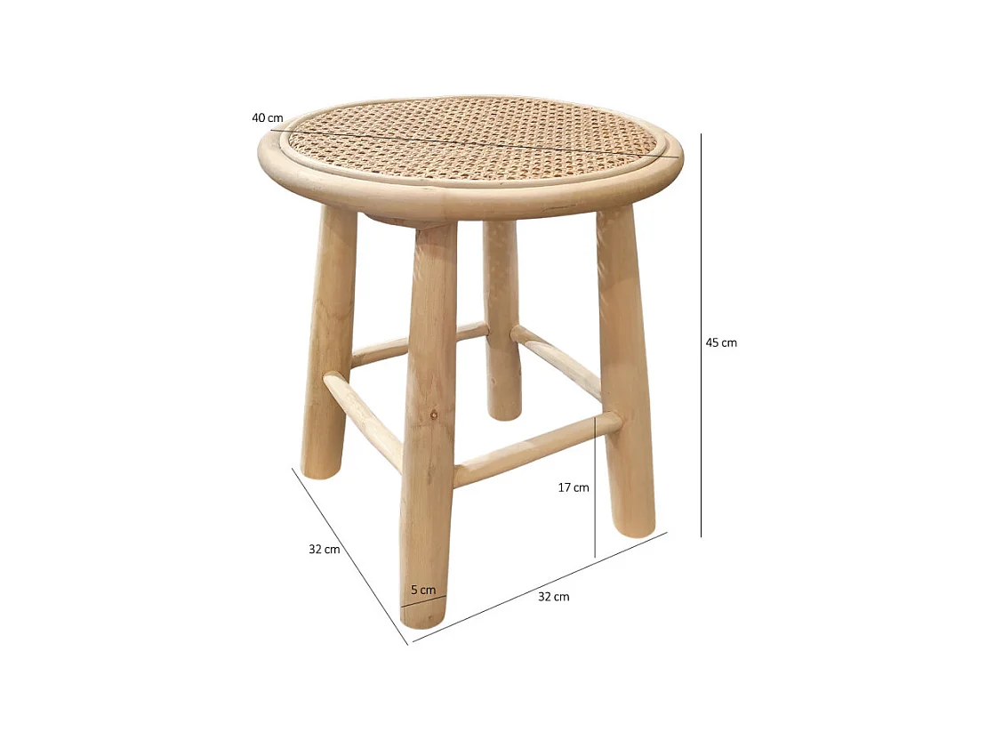 Table d'appoint ronde 40 cm en bois de teck et cannage rotin - BRUNO