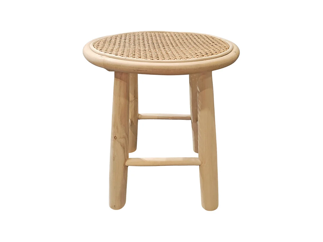 Table d'appoint ronde 40 cm en bois de teck et cannage rotin - BRUNO