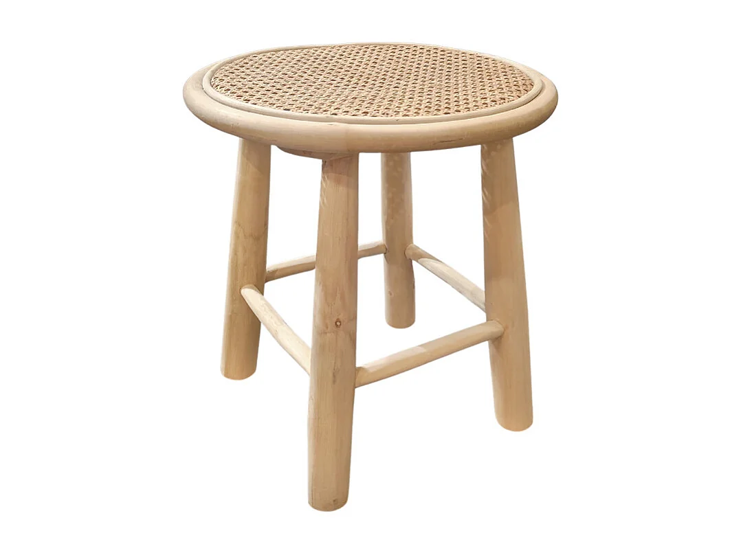 Table d'appoint ronde 40 cm en bois de teck et cannage rotin - BRUNO
