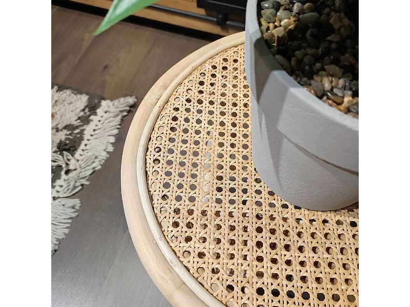 Table d'appoint ronde 40 cm en bois de teck et cannage rotin - BRUNO