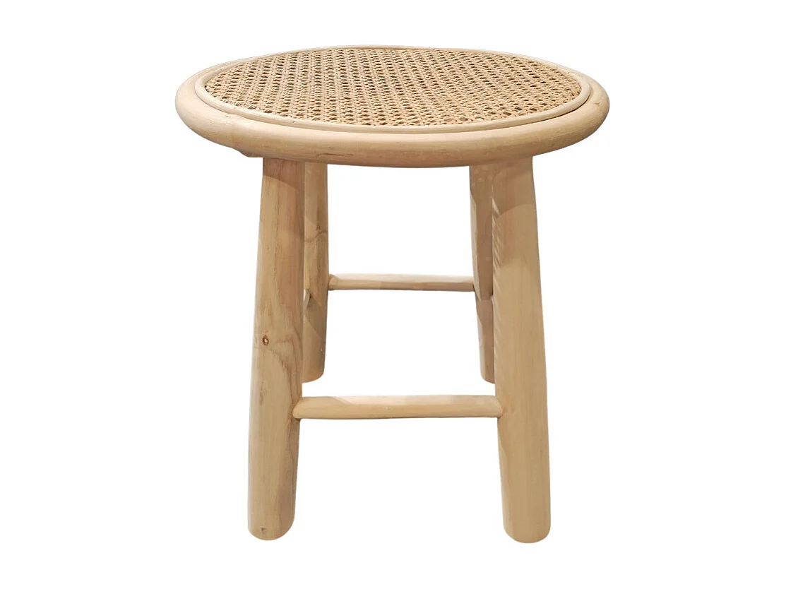 Table d'appoint ronde 40 cm en bois de teck et cannage rotin - BRUNO