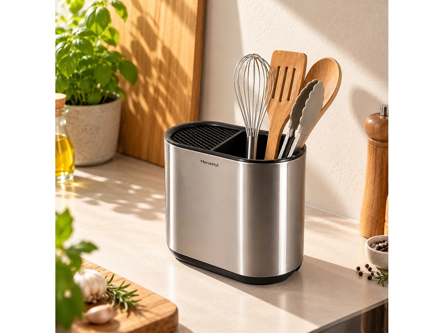 Menastyl - Porte Ustensile 18x11.5x19.5cm En Acier Inoxydable Et Plastique