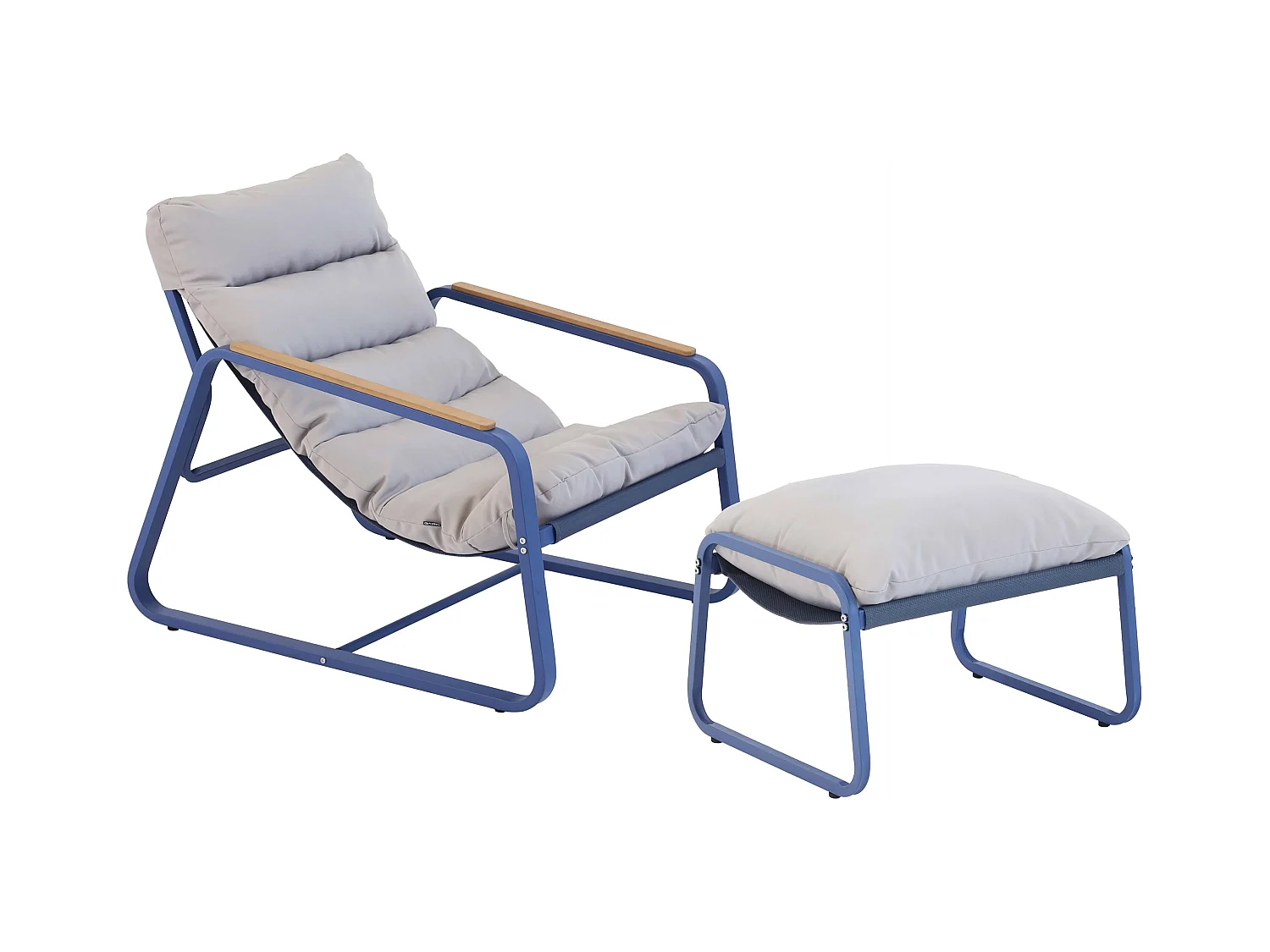 Relaxfauteuil in staal en textiel met pacific blue voetsteun