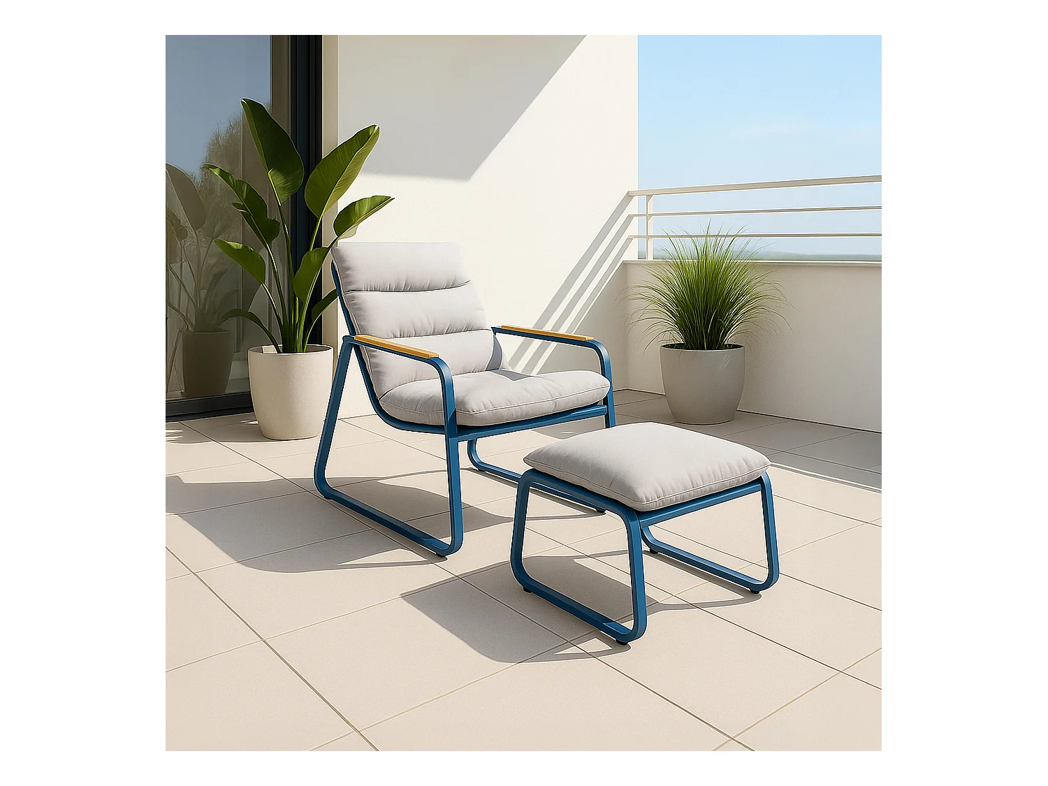 Relaxfauteuil in staal en textiel met pacific blue voetsteun