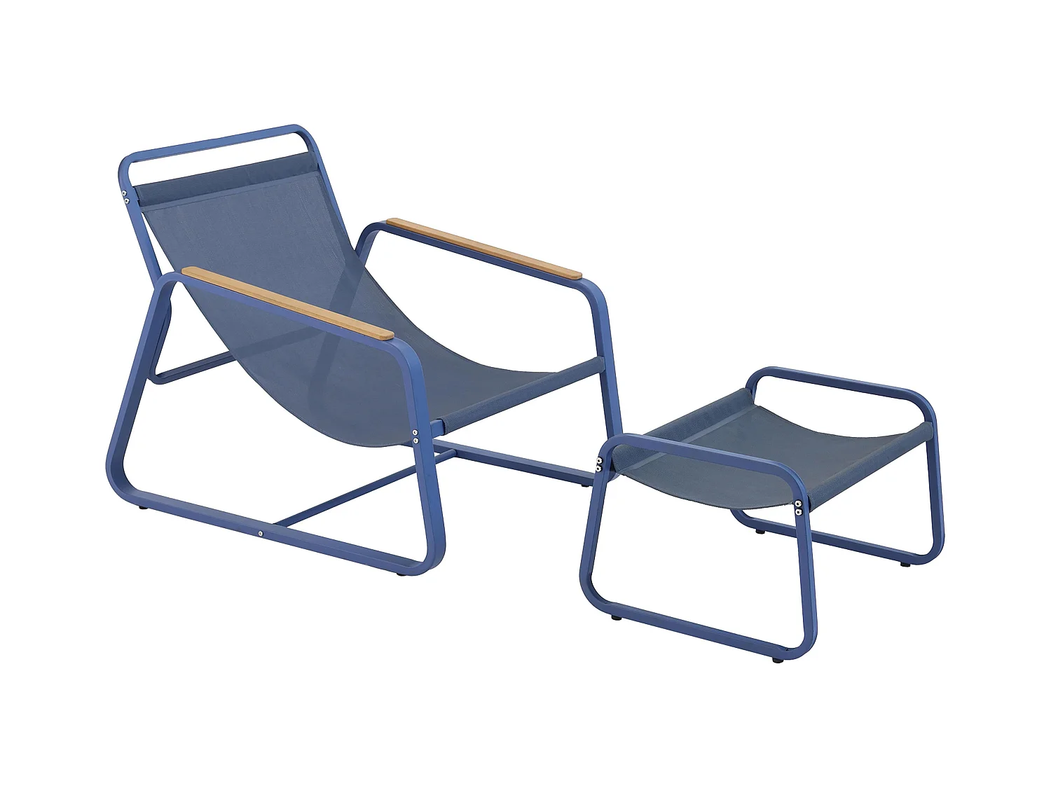 Relaxfauteuil in staal en textiel met pacific blue voetsteun