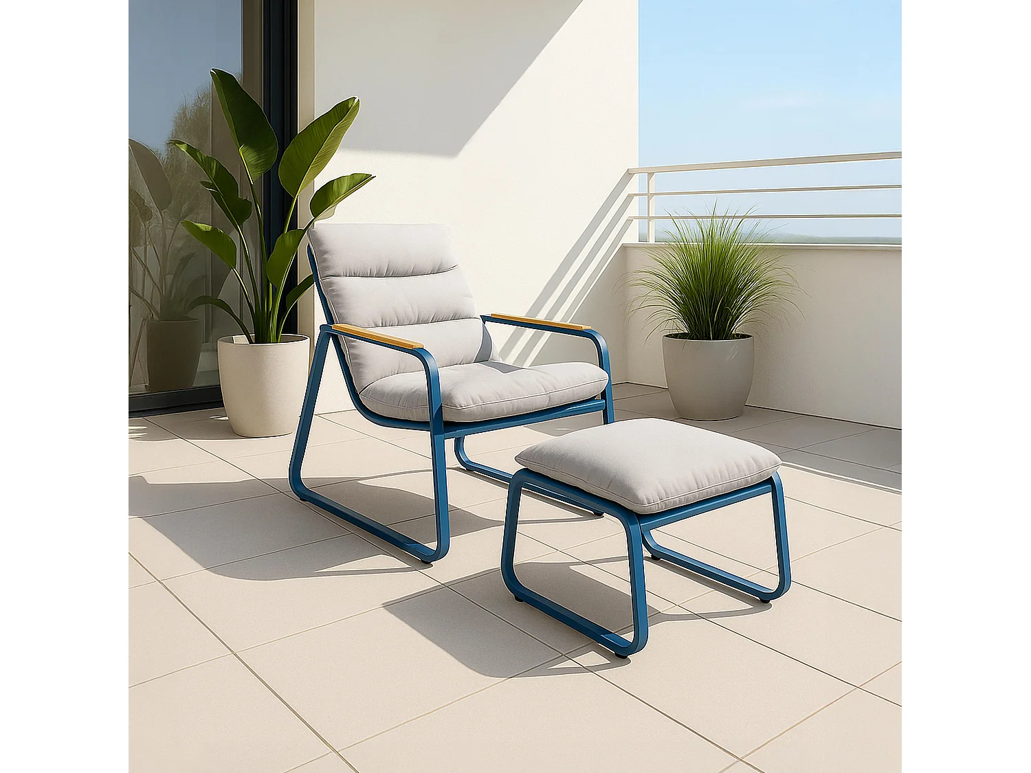 Fauteuil relax en acier et textilène avec repose-pieds bleu pacific