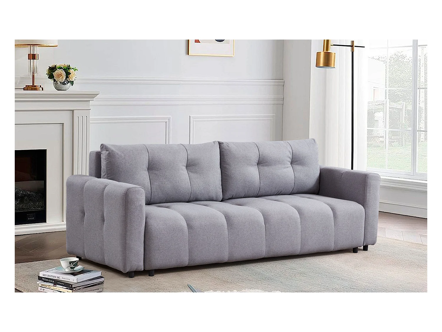 Divano letto 3 posti Stylian Tessuto Grigio chiaro