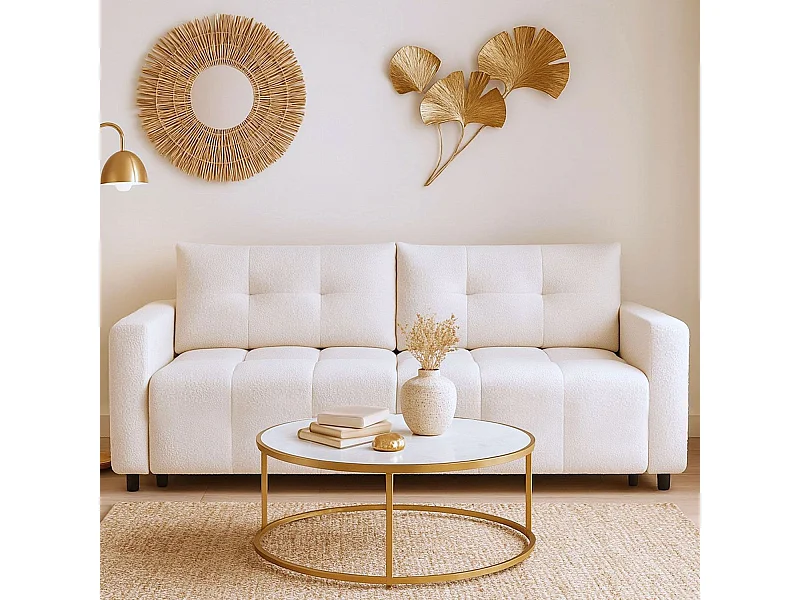 Canapé 3 places convertible Stylian Tissu bouclette Crème