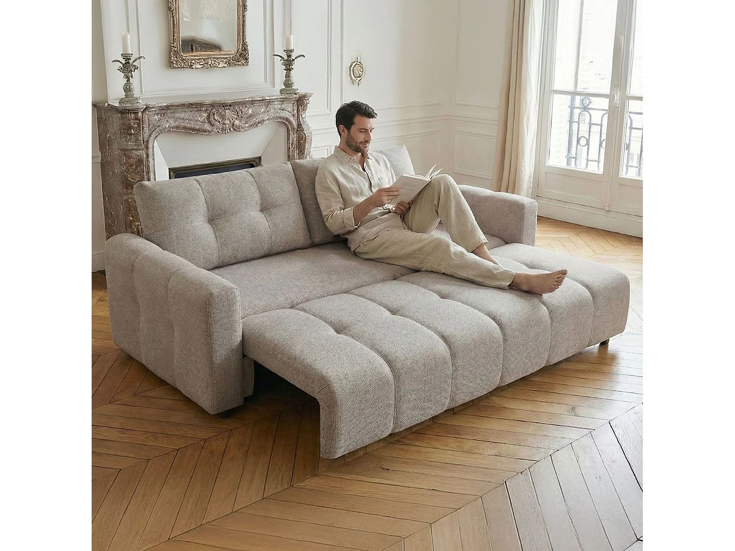 Canapé 3 places convertible Stylian Tissu Taupe