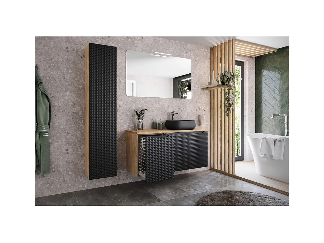 Coluna de banheiro VELNIA – 1 porta – Altura 170 cm – Cor carvalho claro e preto – Para pendurar