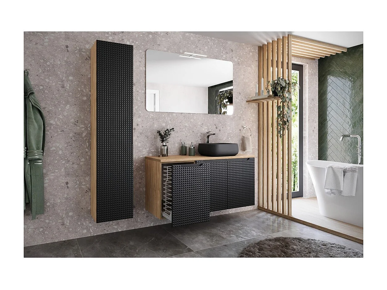 Colonne de salle de bain VELNIA – 1 porte – H170 cm – Coloris chêne clair et noir – À suspendre