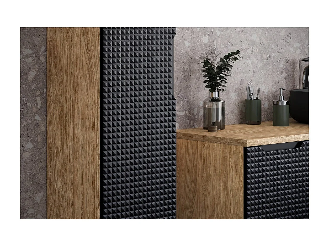 Colonne de salle de bain VELNIA – 1 porte – H170 cm – Coloris chêne clair et noir – À suspendre