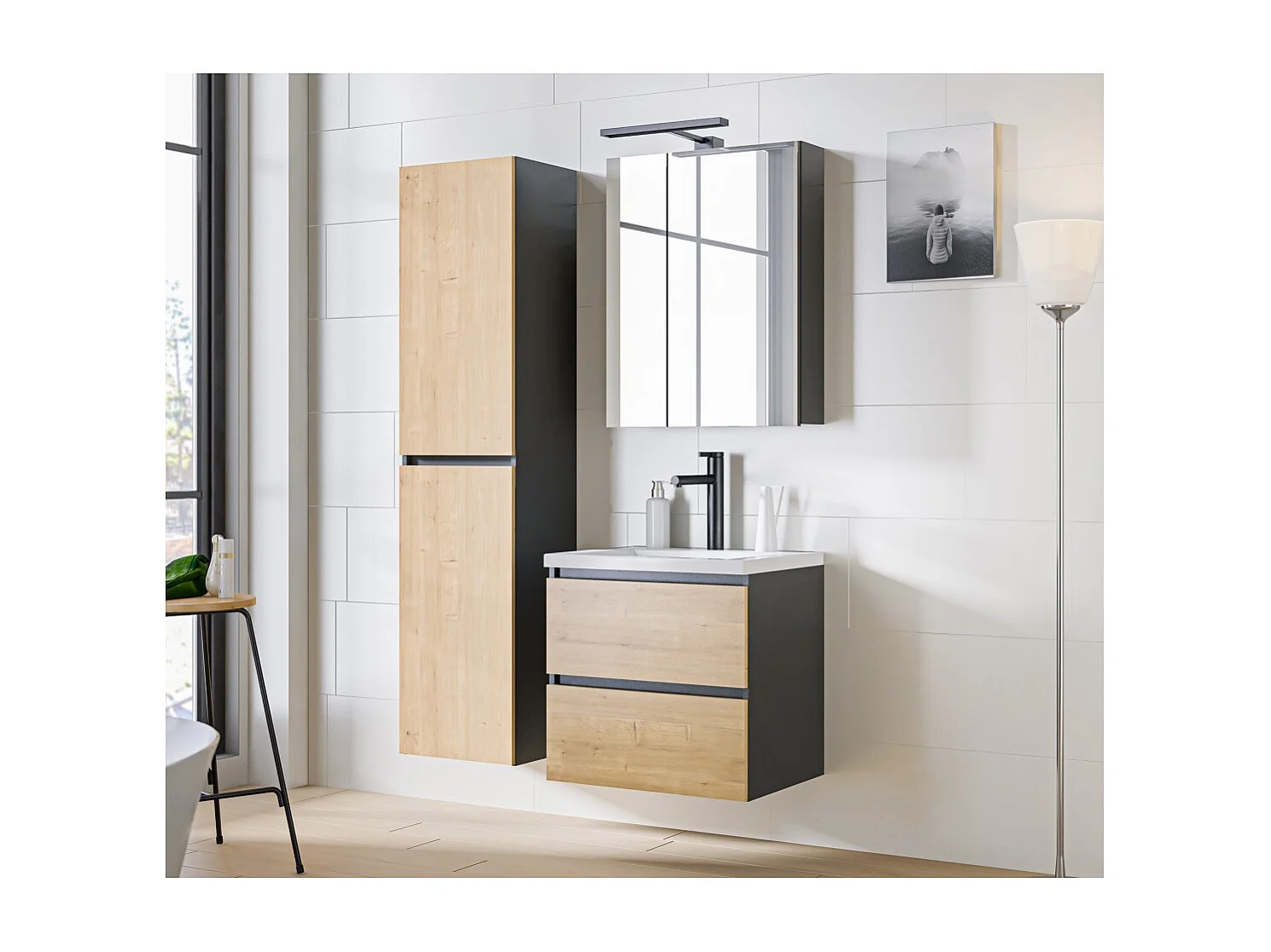 Coluna para banheiro TAMO – 170 cm – 2 portas – Cor cinza antracite – Para pendurar