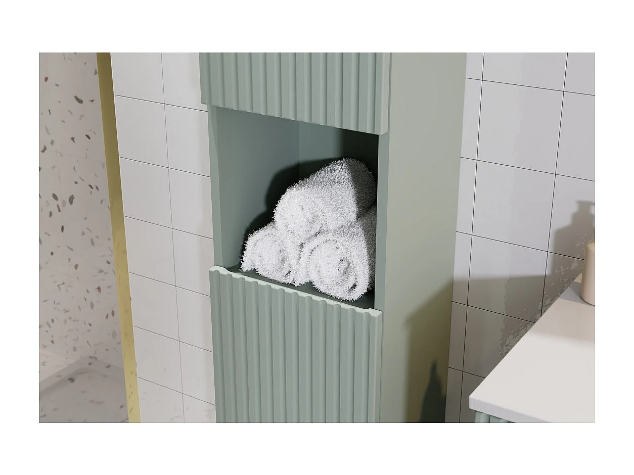 Colonne salle de bain ELVINA – 2 portes – H140 cm – Coloris vert sauge pastel – Meuble suspendu