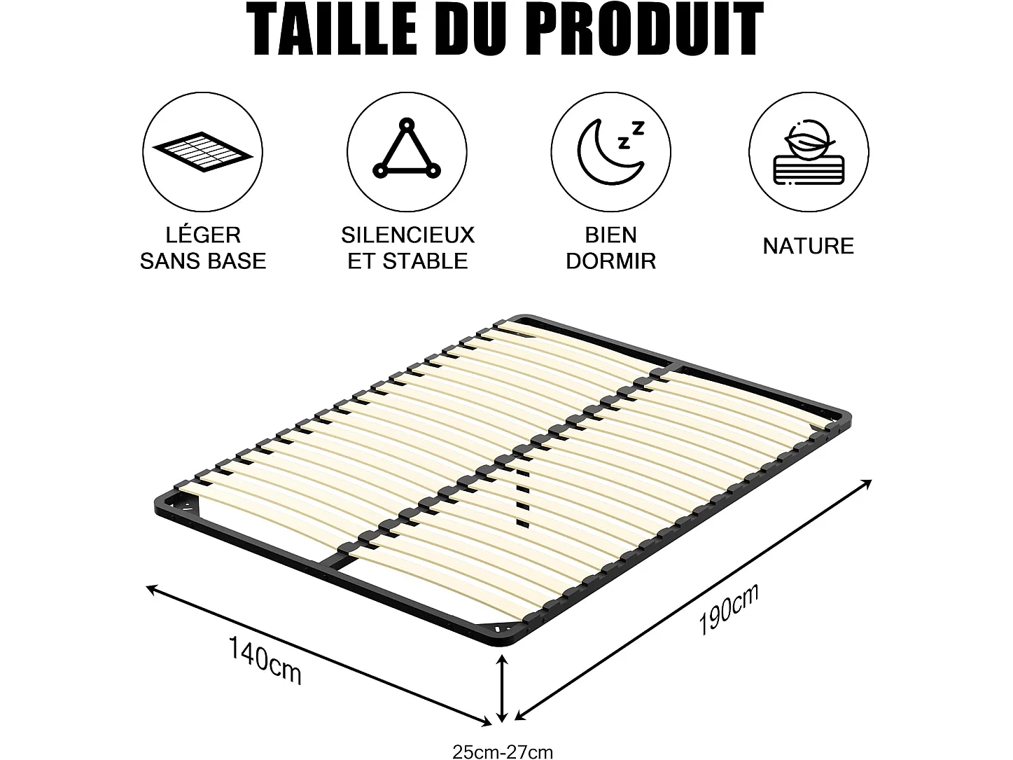 Sommier 140x190 cm, 2x18 lattes, lit avec sommier à lattes, sans pieds