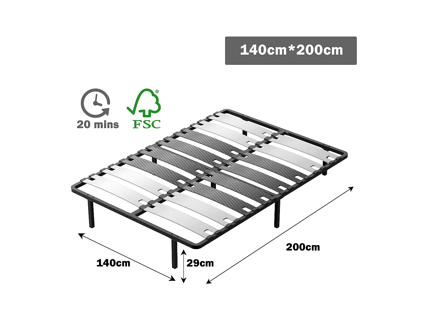 Sommier 140x200 cm, 7 Pieds Durable, Lit avec Sommier à Lattes pour Adulte