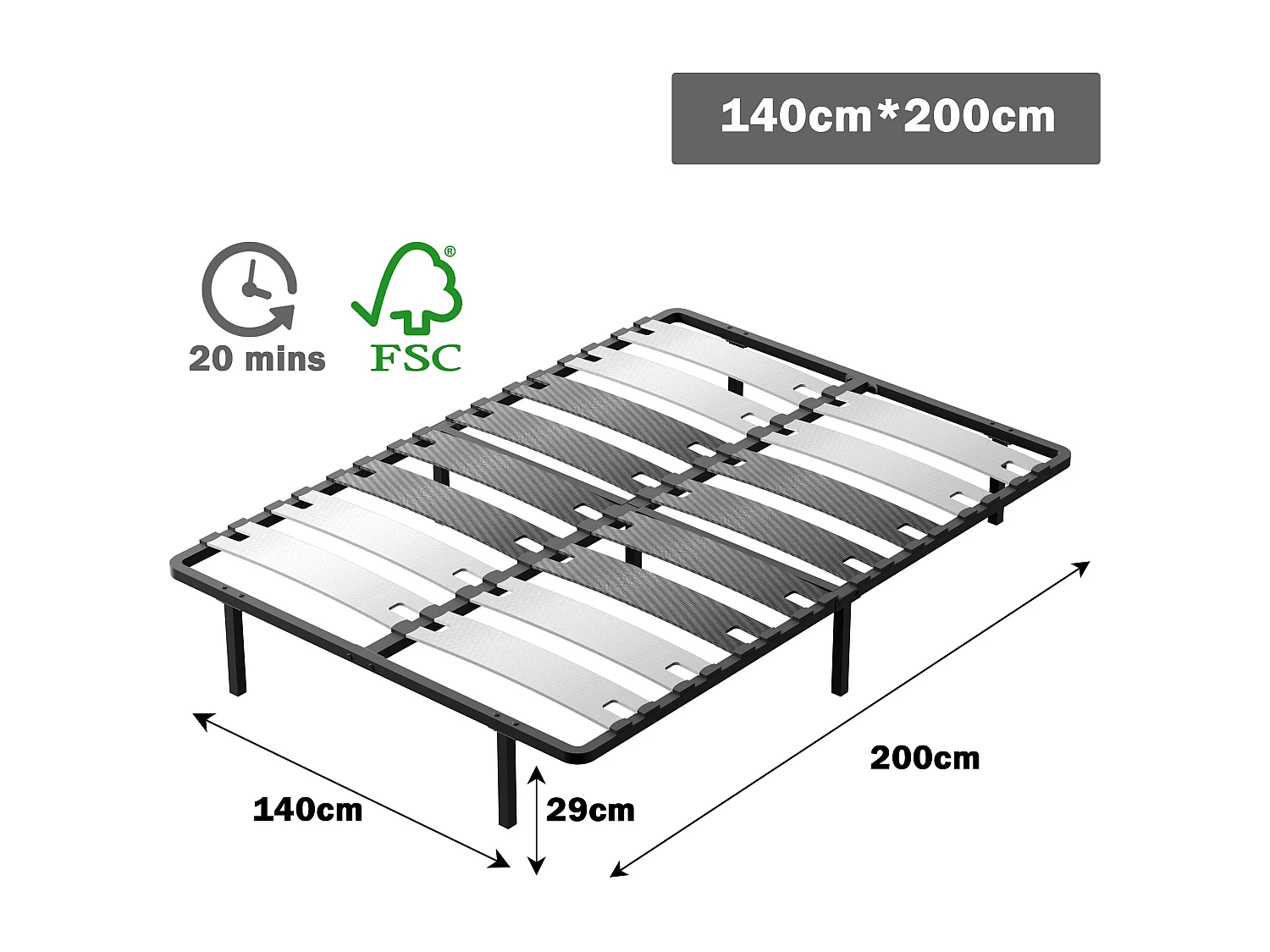 Sommier 140x200 cm, 7 Voeten Duurzaam, Bed met Sommier à Lattes voor Volwassenen
