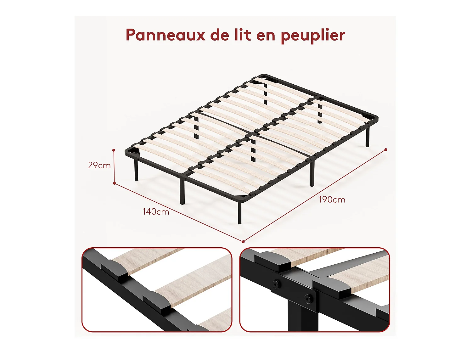 Sommier à Lattes 140x190 , Lit 2×14Lattes, 9 Pieds
