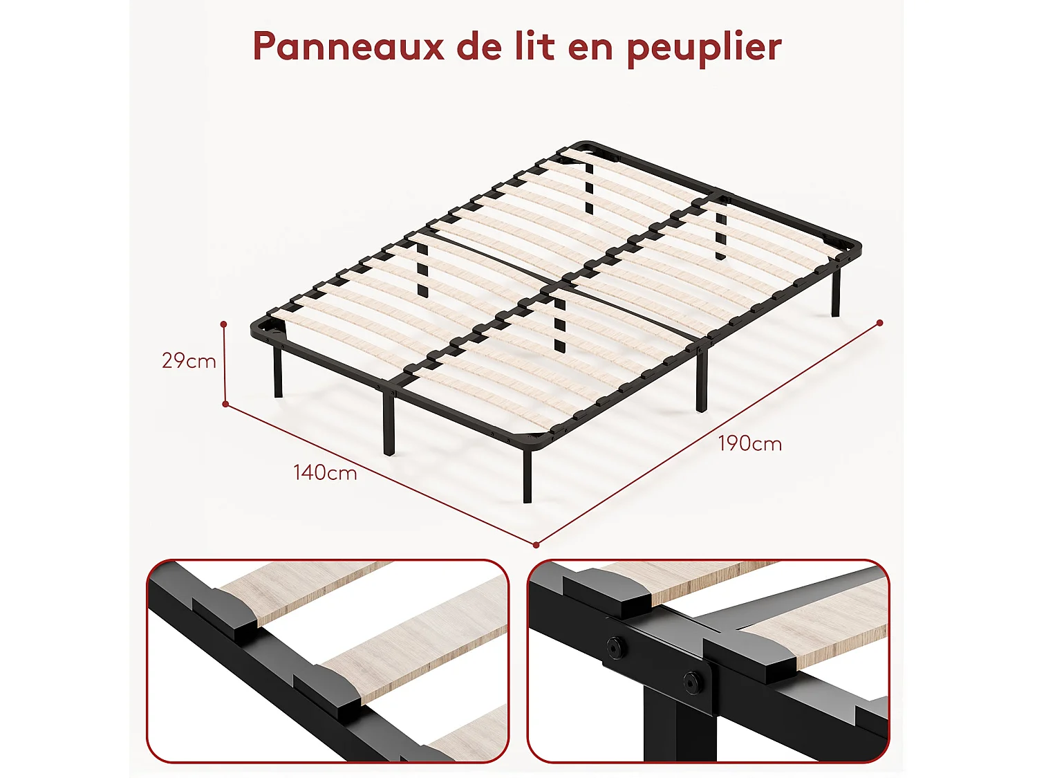 Sommier à Lattes 140x190 , Lit 2×14Lattes, 9 Pieds