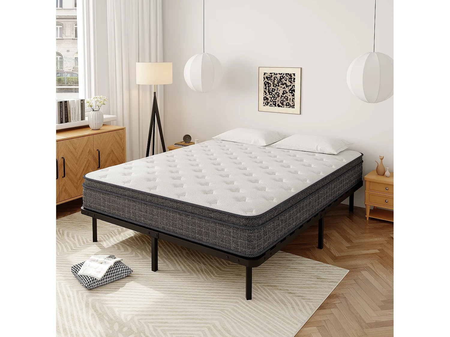 Sommier à Lattes 140x190, 9 Pieds Inclus, Lit 2×14 Lattes