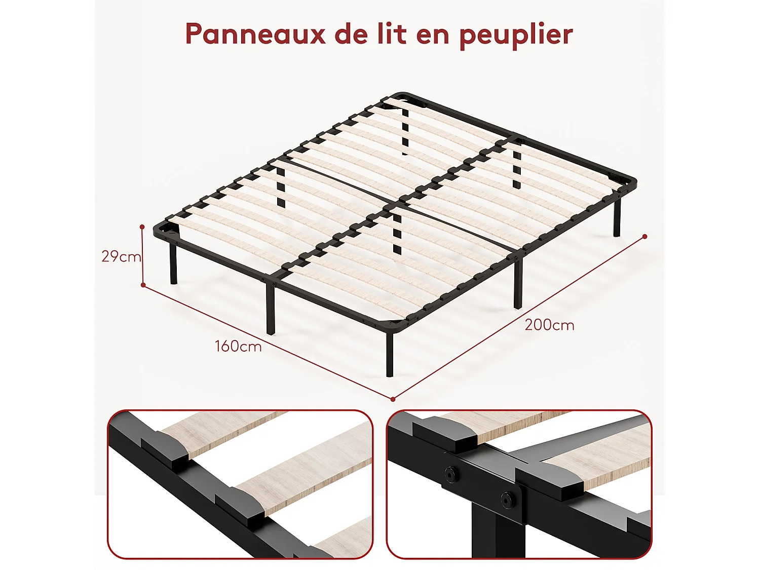 Sommier à Lattes sur Pieds, Lit 2×14 Lattes, 9 Pieds Inclus,160x200CM