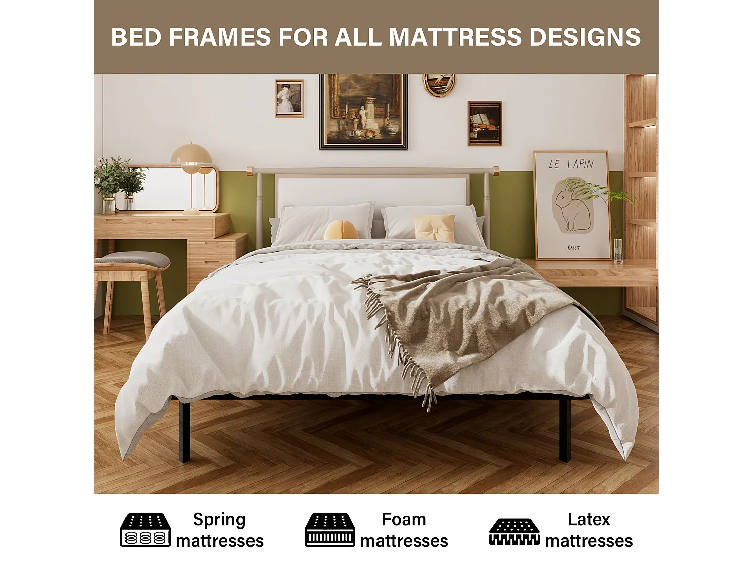 Sommier à Lattes sur Pieds, Lit 2×14 Lattes, 9 Pieds Inclus,160x200CM