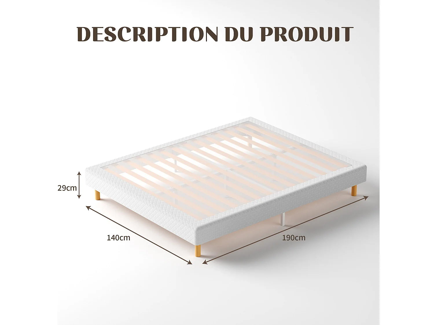 Sommier à lattes 140 x 190 cm, 9 pieds, 2 x 14 lattes, gris