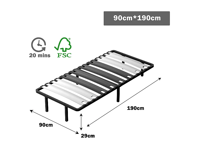 Sommier 90x190 cm, 6 Pieds Durable, Sommier à Lattes pour Adulte