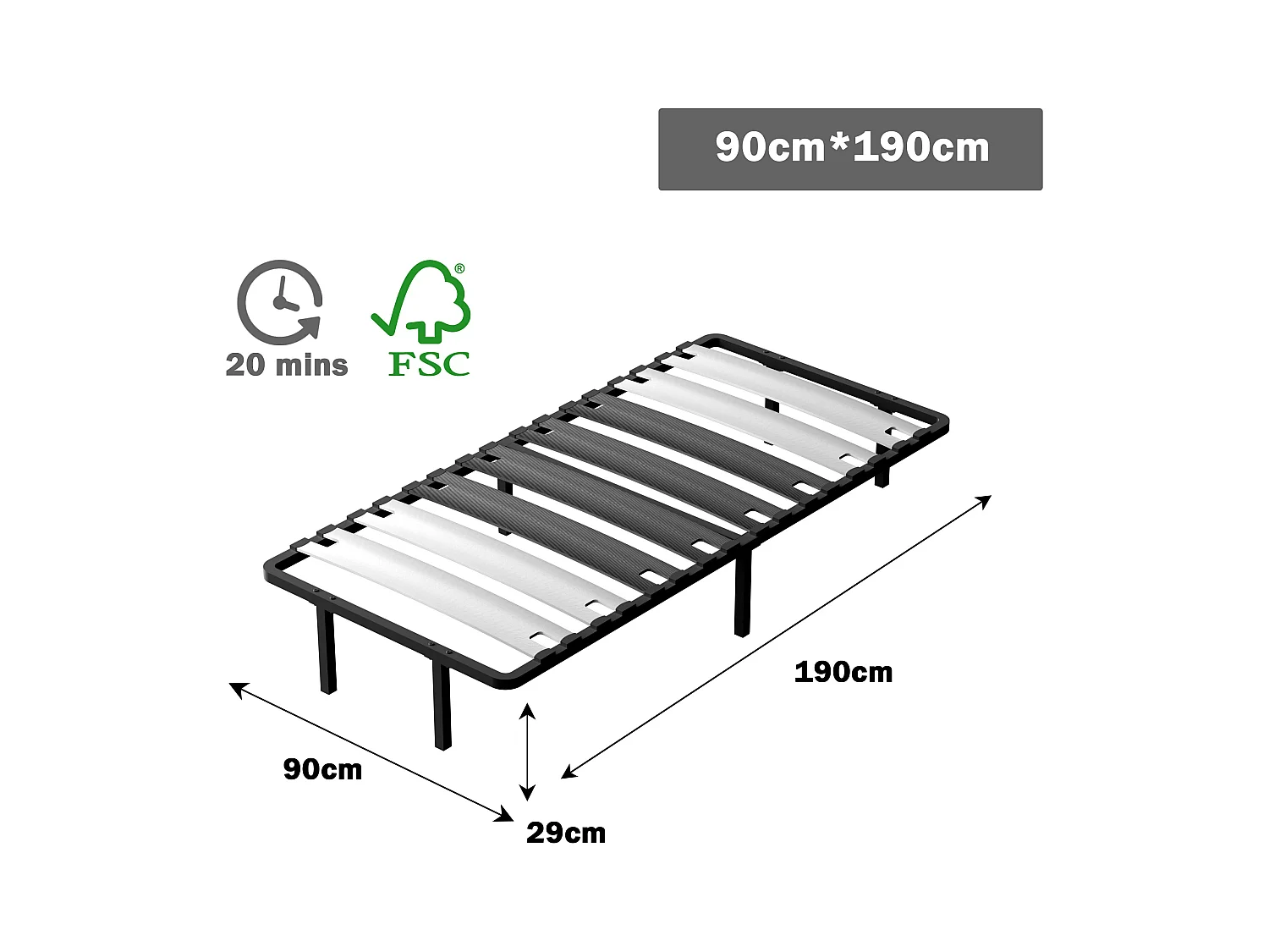 Sommier 90x190 cm, 6 Pieds Durable, Sommier à Lattes pour Adulte