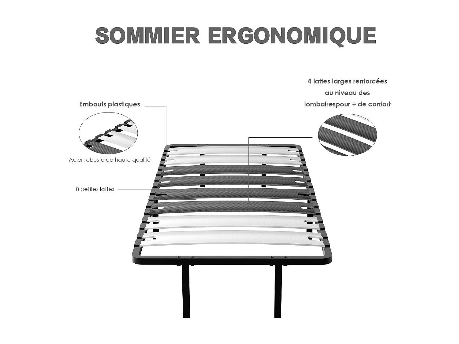 Sommier 90x190 cm, 6 Pieds Durable, Sommier à Lattes pour Adulte