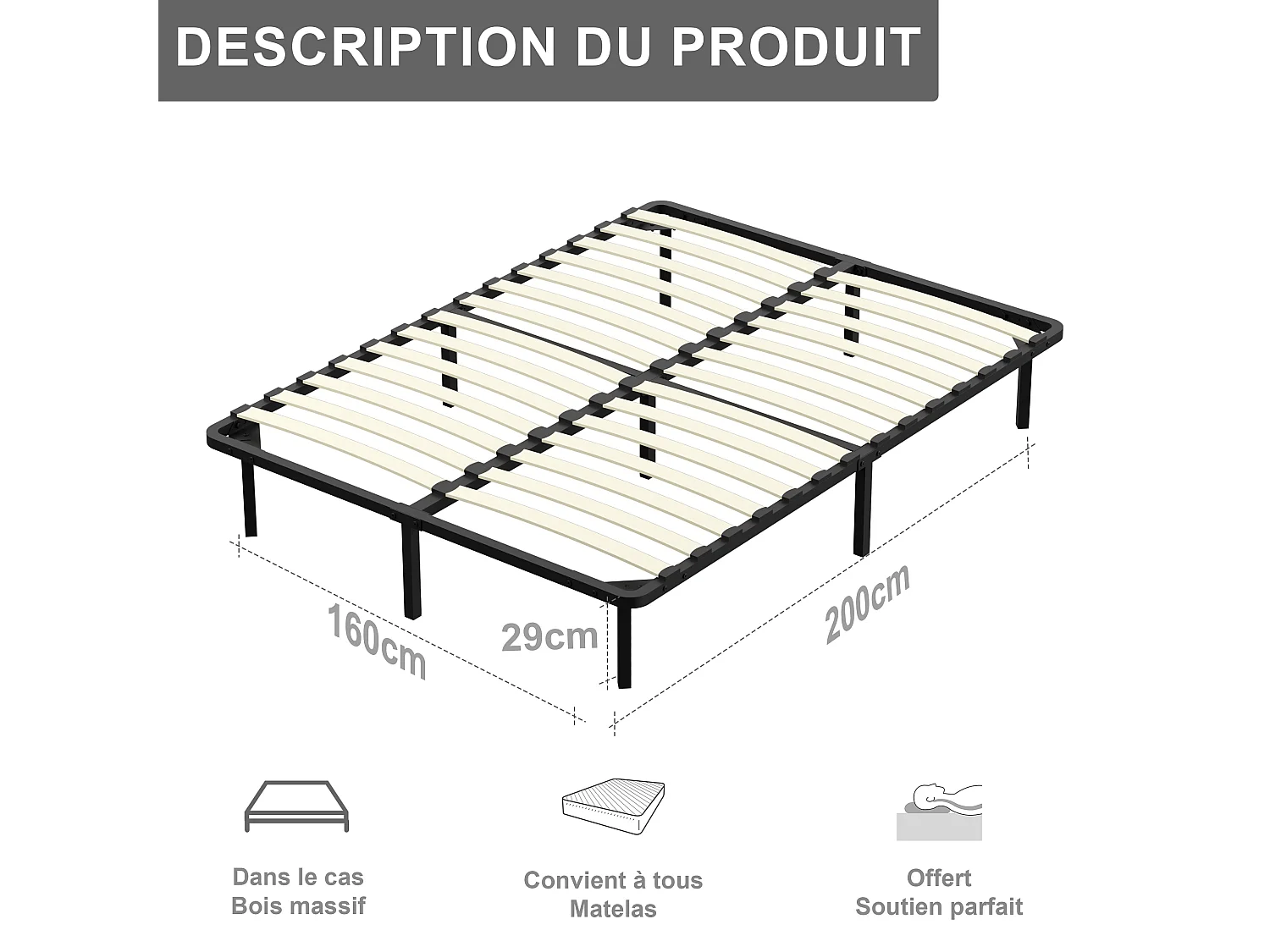 Sommier à Lattes 160x200, 9 Pieds Inclus, Lit 2×14 Lattes