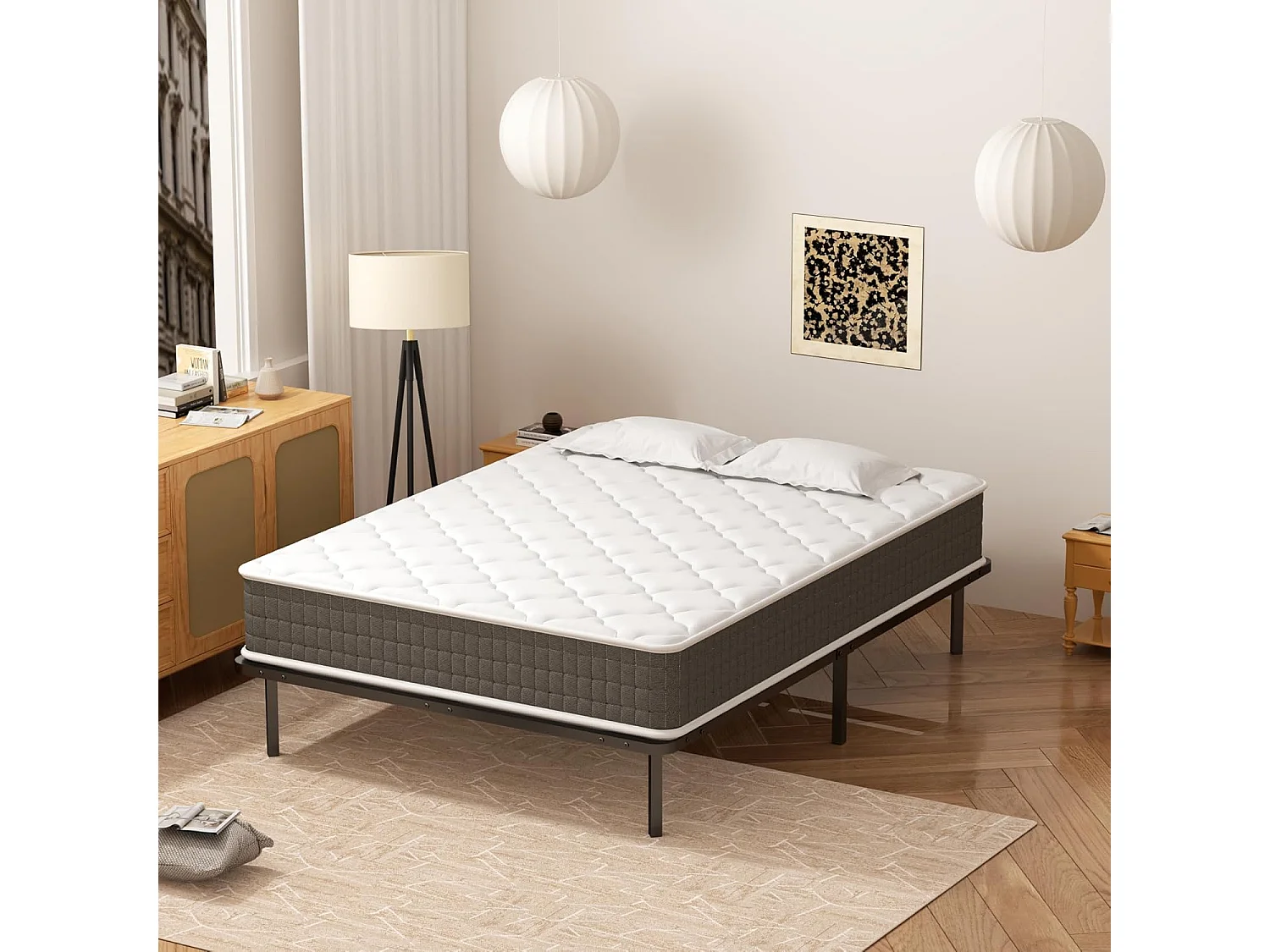 Sommier à Lattes 160x200, 9 Pieds Inclus, Lit 2×14 Lattes