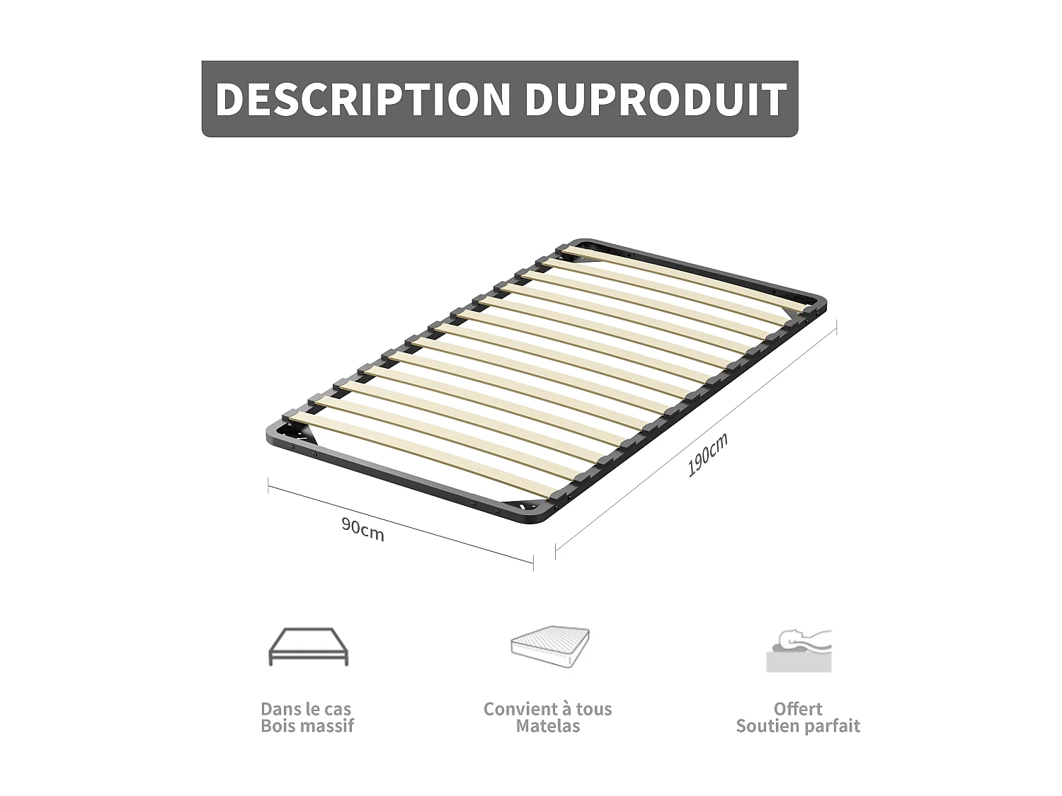 Dewinner Sommier à Lattes sur Pieds, Lit 1×13 Lattes, 90x190CM