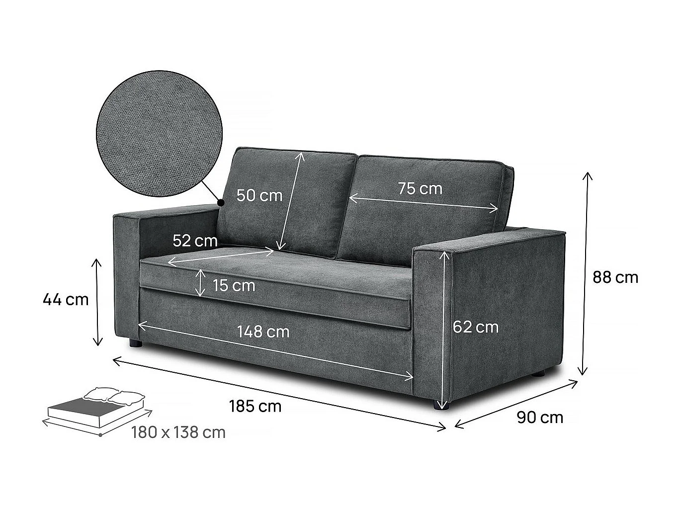 Canapé convertible express en tissu "Clara" - 185 x 90 x 88 cm - Gris
