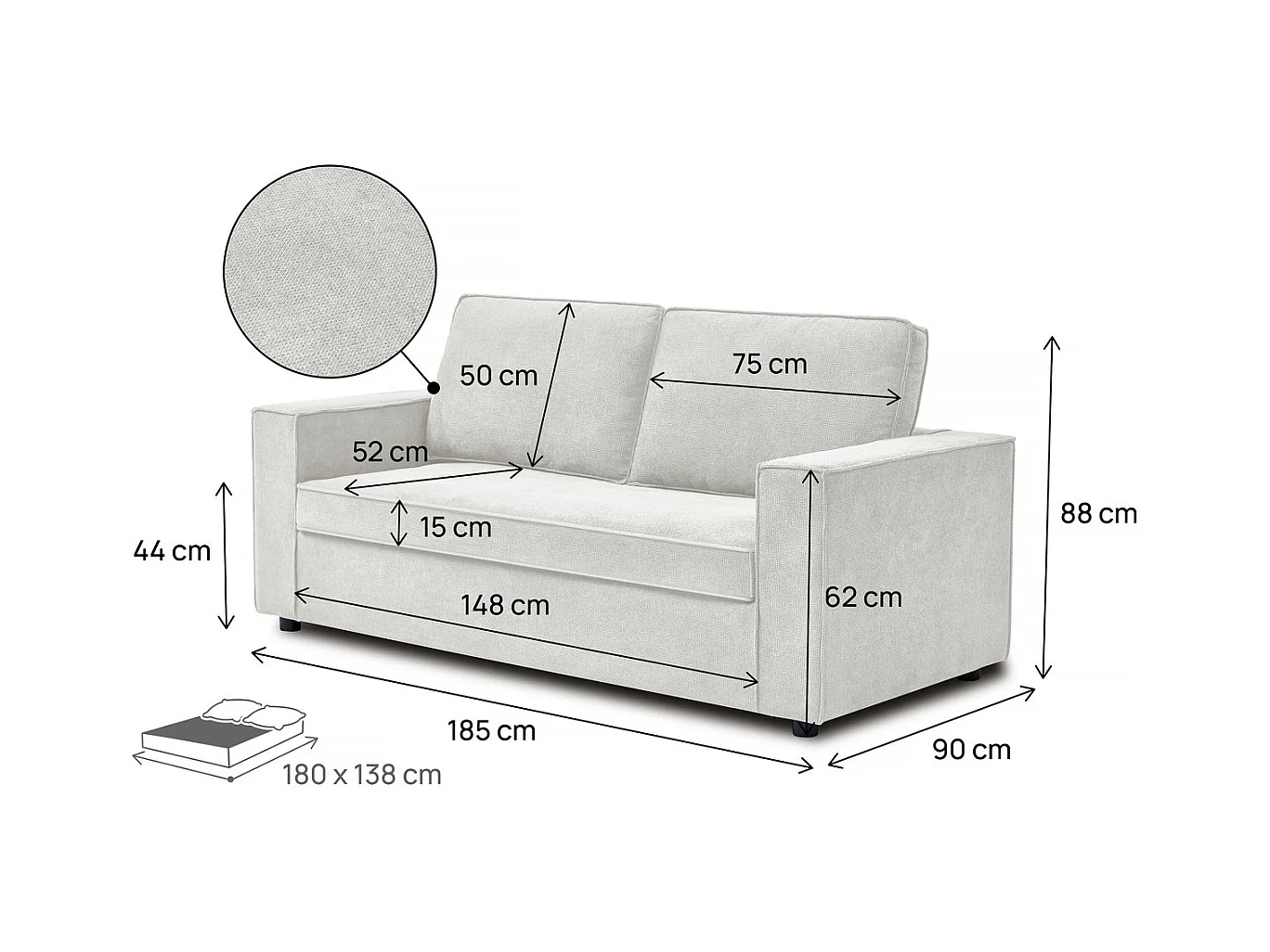 Canapé convertible express en tissu "Clara" - 185 x 90 x 88 cm - Beige