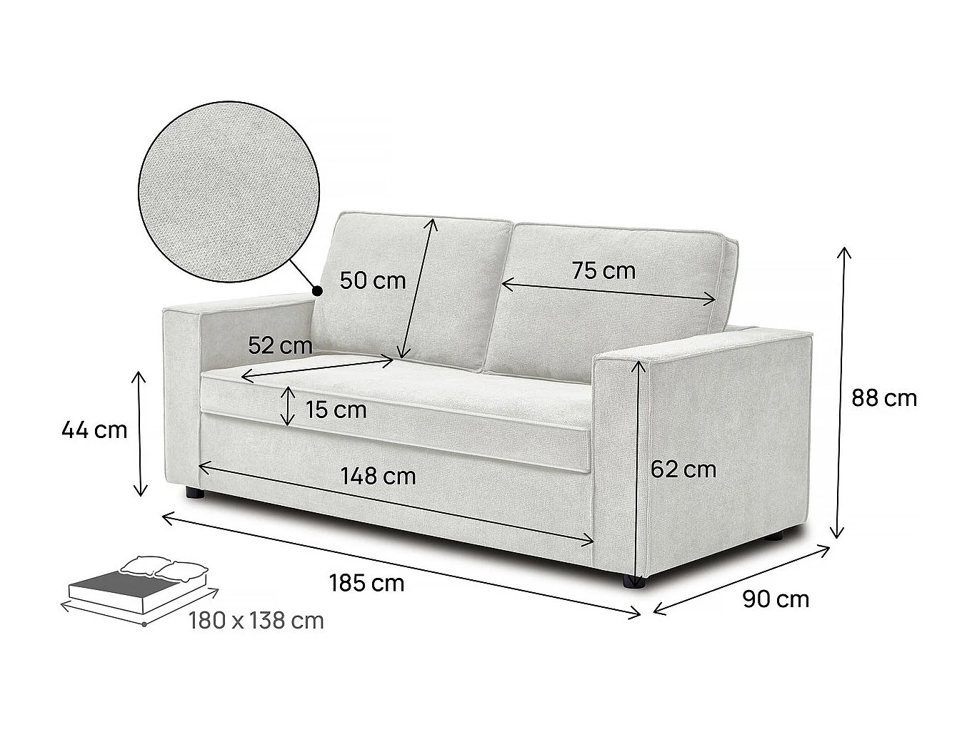 Canapé convertible express en tissu "Clara" - 185 x 90 x 88 cm - Beige