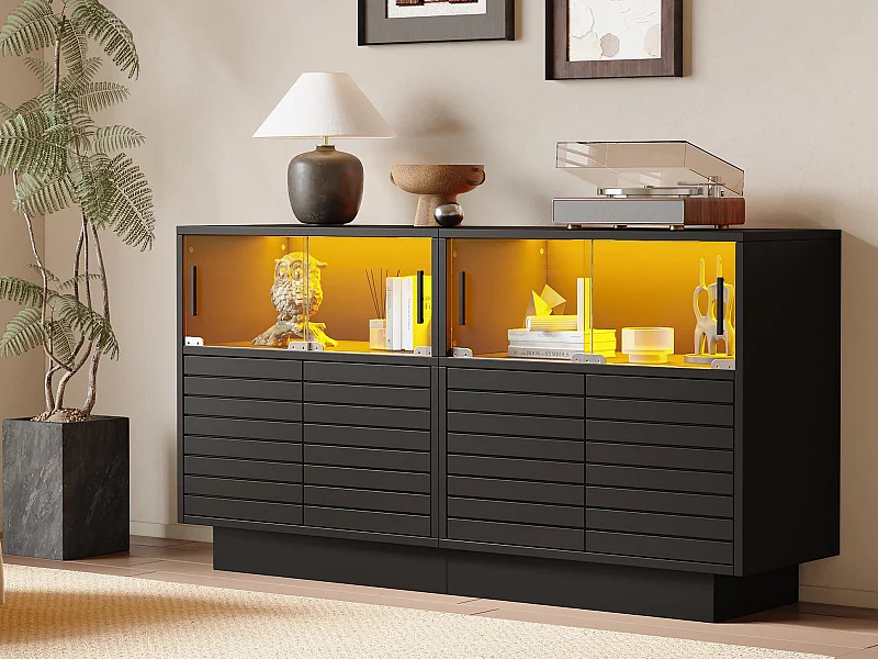 Credenza 130×35×68 cm - con 2 armadi - 4 ante - con illuminazione LED - nero