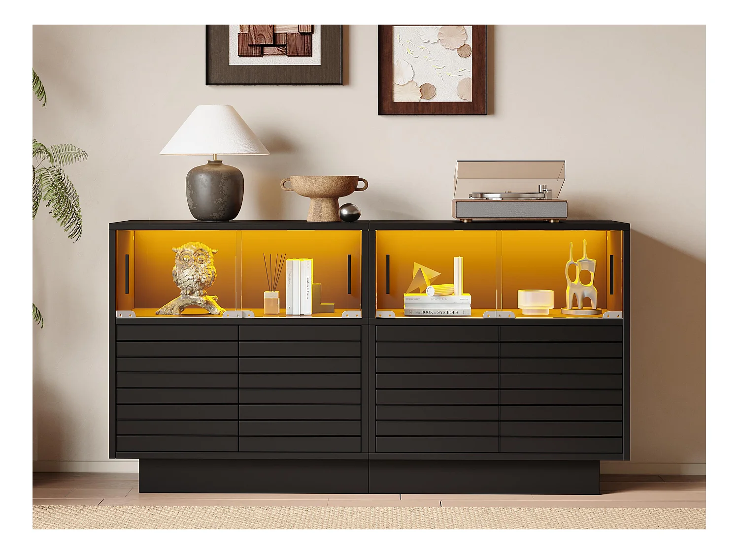 Credenza 130×35×68 cm - con 2 armadi - 4 ante - con illuminazione LED - nero