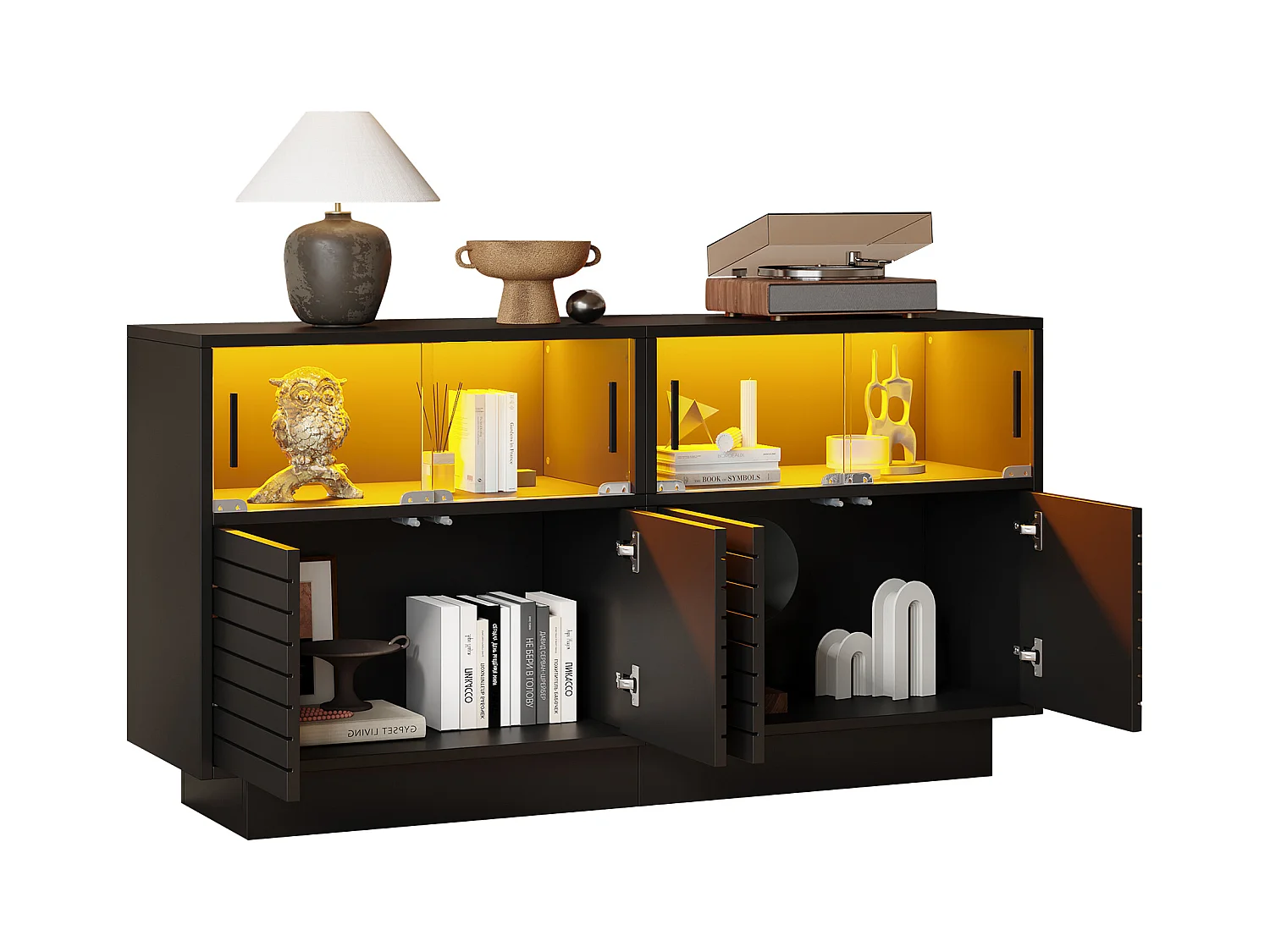 Credenza 130×35×68 cm - con 2 armadi - 4 ante - con illuminazione LED - nero