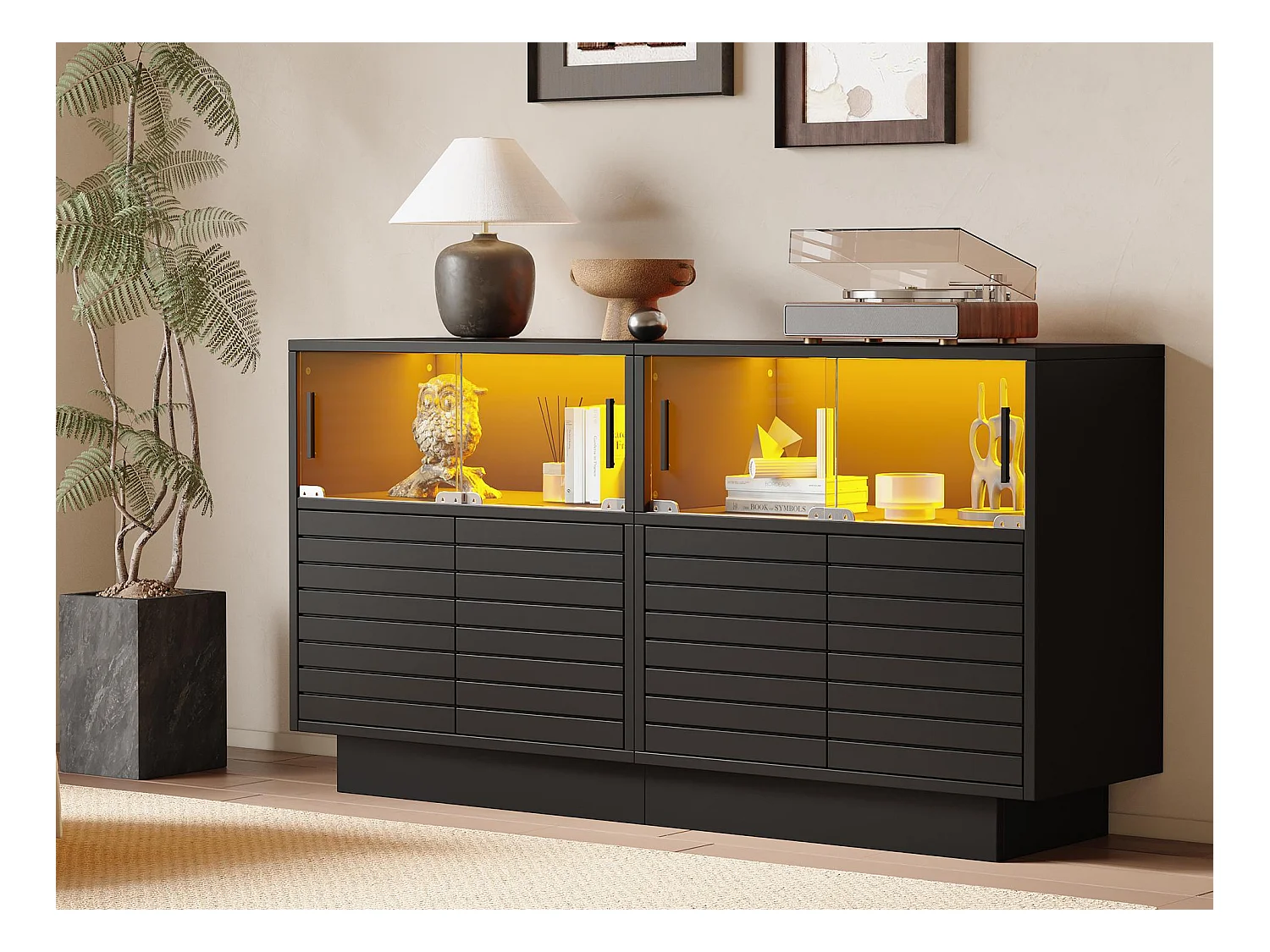 Buffet 130x35x68cm - avec 2 armoires - 4 portes - avec éclairage LED - noir